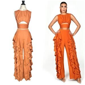 BFYNE | Women | Dara Cascade Ruffle Orange Sleeveless Cropped Top Pant Set | S-M